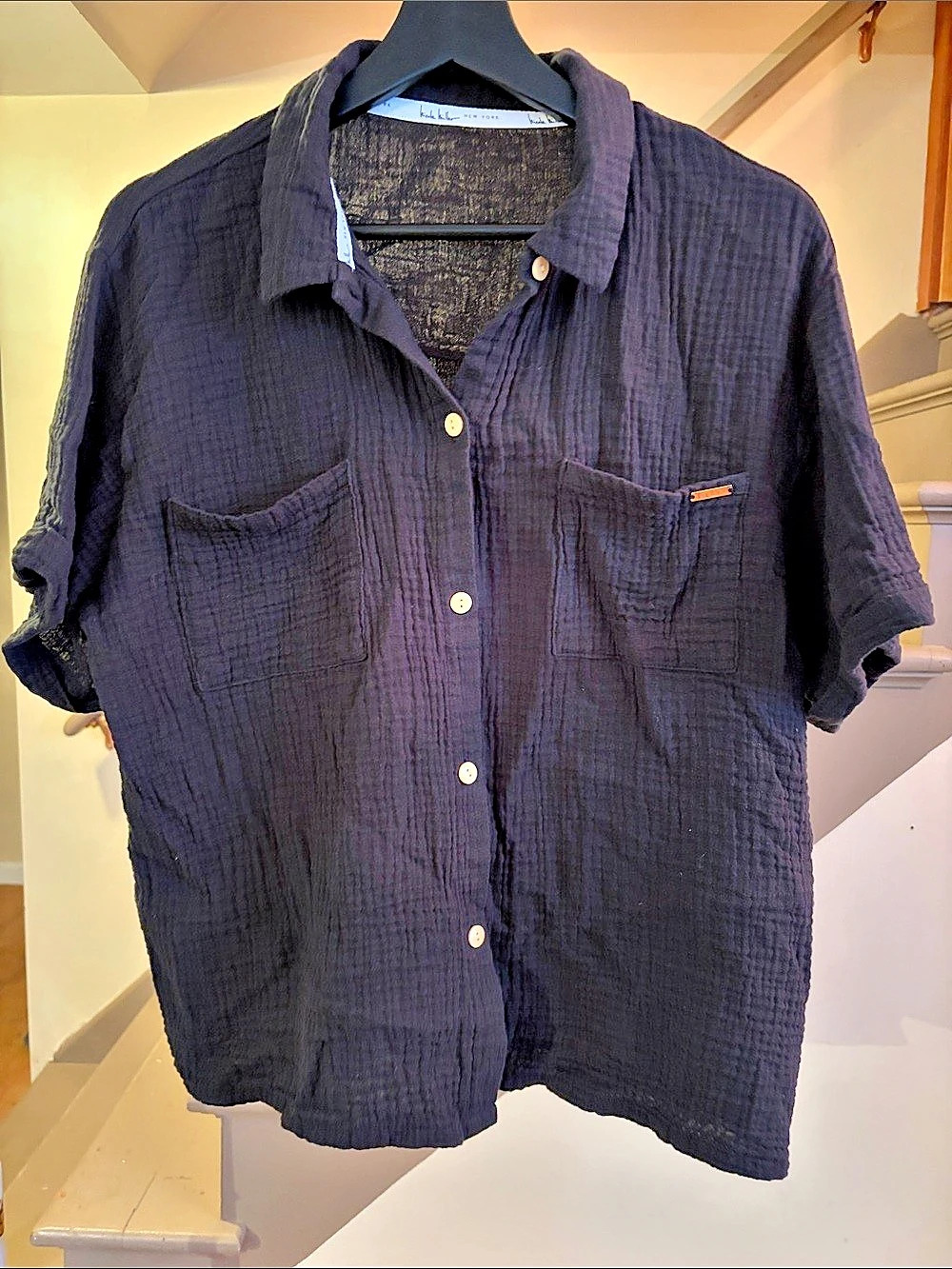 Cotton Gauze Button-Down Shirt in Black Size Large